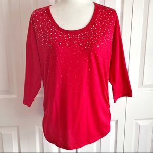 Erika Red Rhinestone 3/4 Sleeve Knit Tee Petite Large